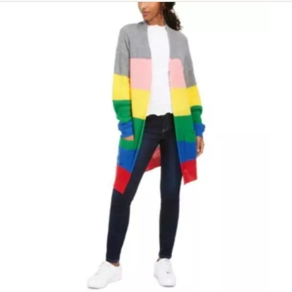 Ultra Flirt Rainbow Stripe Long Cardigan Sweater - Picture 2 of 13